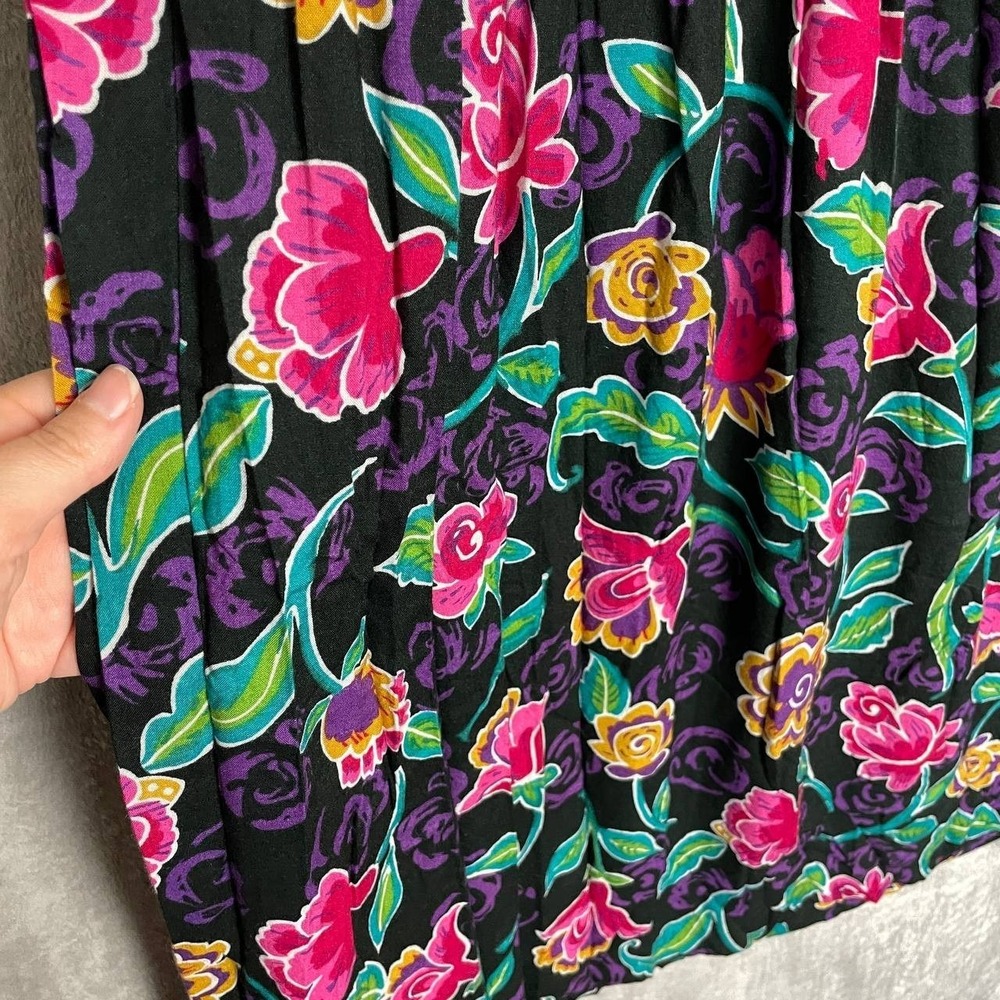 Vintage‎ 90s Black Floral Midi Skirt Elastic Waist Rayon Large/XL Cottagecore - Picture 6 of 7